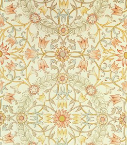 Papel tapiz con un diseño floral de lirios rodeados de rosas diseñado por William Morris de William Morris